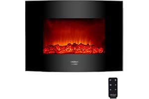 Cecotec Chimenea Eléctrica Ready Warm 2200 Curved Flames. 2000 W, Tamaño 22", 2 Niveles de Potencia, Mando a Distancia, Panel Curvo de Cristal Templado, Temporizador, 20 m2