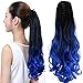 22" Claw on Ombre Two Tone Synthetic Curly Wavy Ponytail Hair Extensions Natural Black to Blue