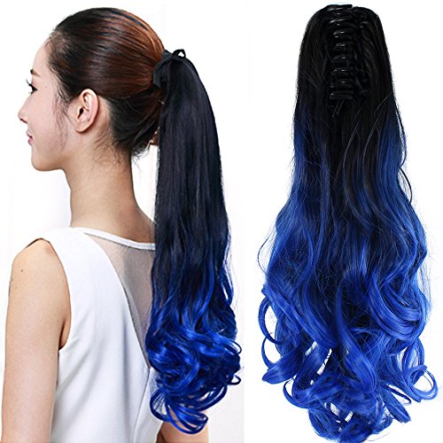 22" Claw on Ombre Two Tone Synthetic Curly Wavy Ponytail Hair Extensions Natural Black to Blue