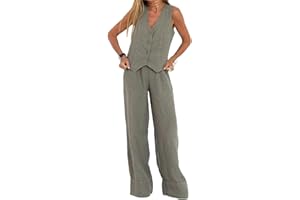 HUANGJB Conjunto de 2 piezas para mujer, cuello en V, sin mangas, con botones, pantalones de pierna ancha, traje de 2 piezas, conjunto de lino a juego de verano
