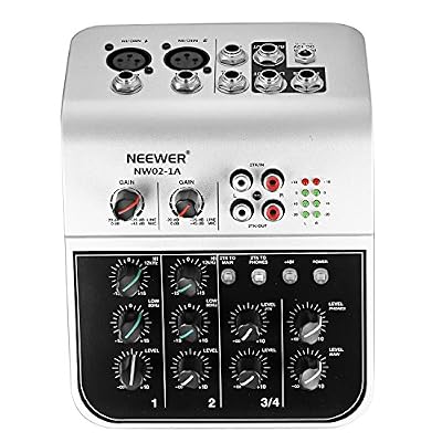 Neewer NW02-1A Console de Mixage Économique à 4 Canaux pour Micro à Condensateur, Mélangeur Audio Compact avec Alimentation Phantom 48v Égaliseur 2 Bandes EQ Entrée Ligne Stéréo 2 Voies RCA