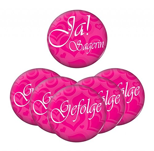 6er SET Ansteck Button - Junggesellenabschied - 1x Ja! Sagerin und 5x Gefolge - Ø 5,6 cm - pink - Anstecker - Ansteckbutton