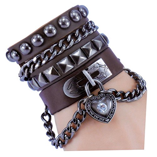 Nieten-Armband in Punk-Rock-Stil, mehrreihig mit „I Love You“-Herz, Kette und echtem Leder, Knotenstil, unisex für Männer und Frauen