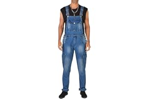YOUTHUP Mens Denim Blue Dungarees Stonewash Relaxed Fit Casual Jeans Pockets Overalls