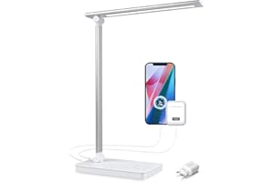 Bammare Schreibtischlampe, LED Tischlampe Dimmbar 12W, Tischleuchte 5 Farben 10 Helligkeitsstufen, Leselampe Augenschutz mit 2 USB-Anschluss, Timer, Memory-Funktion für Büro Kinder Lesen, Weiss