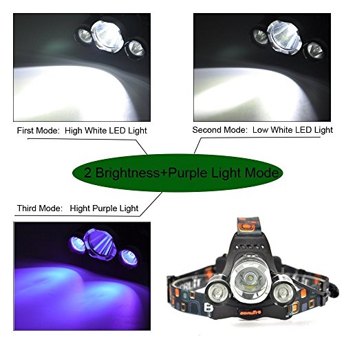 Boruit Led stirnlampe kopflampe Front-LED-Lampe wiederaufladbare T6 + 2 R5 Violete Licht-Taschenlampen-bewegliche helle Radfahren Wasserdicht 3 Modi Scheinwerfer Projektor für den Außenreitnachtangeln Camping Wandern Laufen Radfahren Scaling Walk – Charger EU - 8