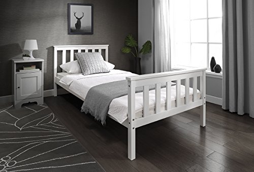 Single 3ft Wooden Bed Frame WHITE Solid European Wood for Adult Kids Child or Children (White)