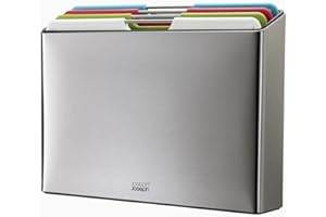 Joseph Joseph - Index - Set de 4 Planches à Découper en Plastique Anti-Contamination (viande, poisson, aliments cuits, crus) et Casier en Inox