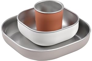 BÉABA, Coffret Repas Bébé Enfant Inox, 3 Pièces, Verre + 2 Assiettes, Compatible Micro-Ondes et Lave-Vaisselle, Sain et Solide, Léger, Incassable, Anti-dérapant avec Housse en Silicone, Terracotta