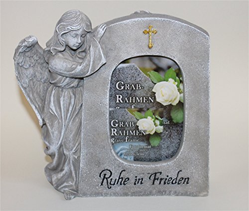 Grabengel Engel stehend neben Grabstein für Foto Grabstein mit Spruch Ruhe in Frieden anmutiger Grabschmuck Trauerschmuck Grabfigur Trauerfigur Gedenkstein für Foto wetterfest - 2