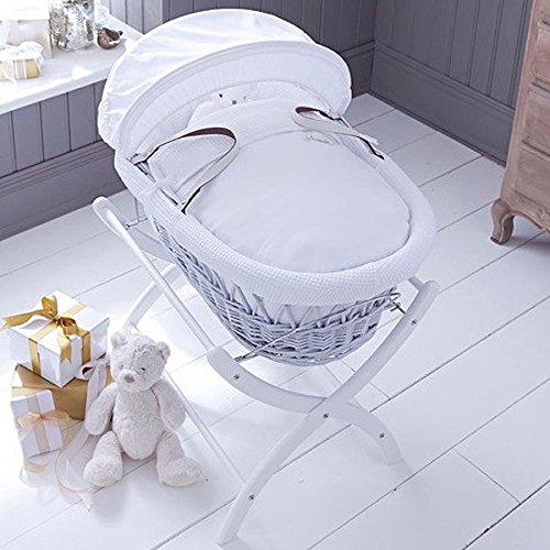Izziwotnot White Gift Wicker Moses Basket, Soft Grey