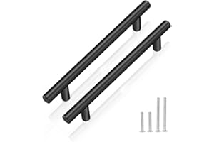 PinLin 10 Pack Kitchen Door Handles 128mm Hole Centre Flat Black Cabinet Handles Stainless Steel Cupboard T Bar Handle (Screws Included)