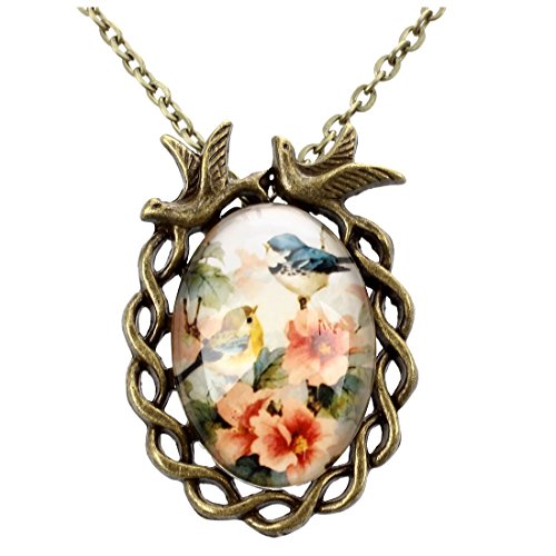 TOOGOO(R) Femme Fille Fleur Oiseau impression Ellipse Pendentif homard fermoir Collier Bronze Ton