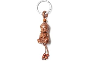 Joycabin Porte-clés Bouddha en Bois Acajou Avec Gravure 3D Bouddha Pendentif Porte-clés pour DIY Accessoire de Voiture Porte-Bonheur Cadeau