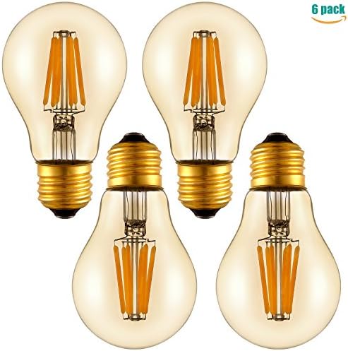 Keymit A19 LED Edison Light Bulb - 6W - Amber - Dimmable E27 Base A60 Vintage Filament Bulbs Equivalent 60 Watt - 2700K - Lamp - Pendant - Decorative Fixture 4PACK