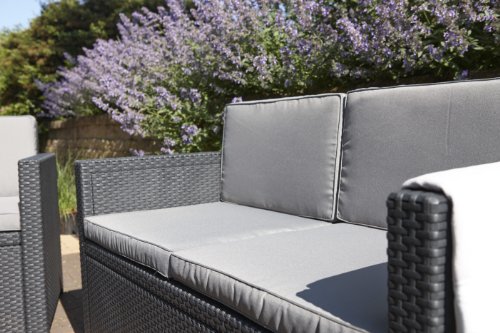 Allibert 220025 Lounge Set Monaco mit Kissenbox-Tisch 2x Sessel und 1x Sofa, Rattanoptik, Kunststoff, graphit