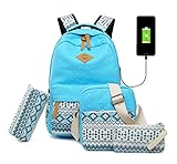 Vezela 4Pc Combo Of Laptop Bag With Usb Charging Feature With Lunch Bag, Pencil Case & Pouch (Light Blue)