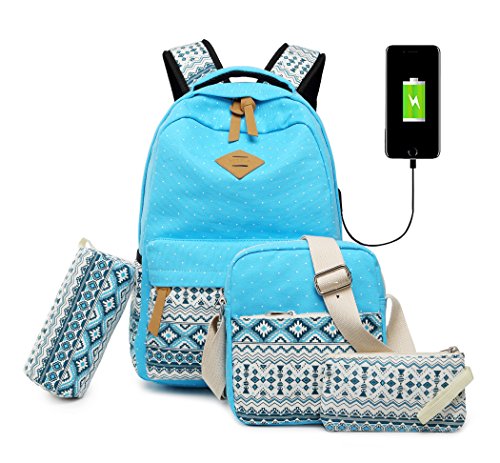 Vezela 4Pc Combo Of Laptop Bag With Usb Charging Feature With Lunch Bag, Pencil Case & Pouch (Light Blue)