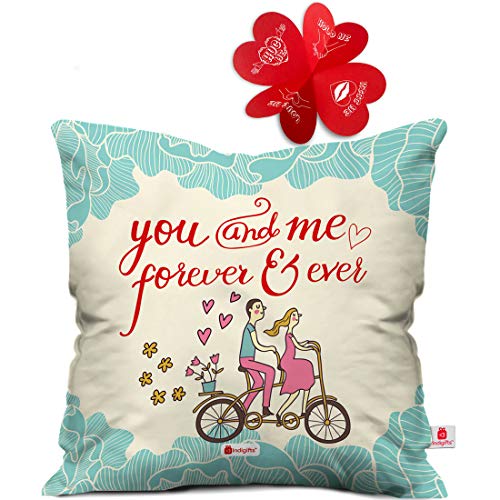 Indibni You & Me Quote Young Couple Riding On A Bicycle White Cushion Cover 16x16 inch - Gift for Boyfriend, Girlfriend, Birthday, Wife, Husband, Anniversary