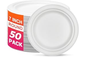 Ask Packaging 100% Compostable (7 Inch / 50-Pack) Heavy-Duty Eco-Friendly Disposable Bagasse Plates, Made of Natural Sugarcane Fibers – 7" Biodegradable Paper Plates