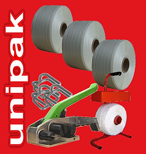 Preisvergleich Produktbild Aktion: Großes 25mm Textilband Umreifungsset * Umreifungs Set Bündelset Bündelgerät Textilbandumreifung * Holz bündeln * 3 Rollen 25mm Textilband Drahtklammern Abroller Verschlussklemmen * von unipak