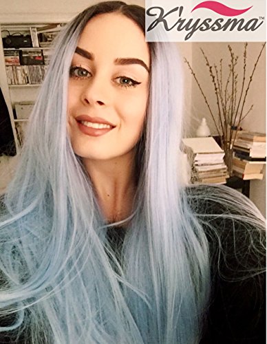 K’ryssma Women’s Straight Blue Ombre Hair Dark Roots Long Synthetic Lace Front Wigs Half Hand Tied Heat Safe 24 inches - 4