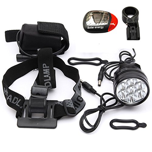 Ponatia Scheinwerfer für Mountainbike, 9 Cree XM-L T6, 15.000 Lumen + Solar-Rücklicht + Ladegerät zum Laufen, Angeln, Camping, Radfahren - 9