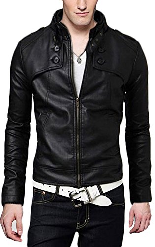 TDOLAH Herren herbst PU Schnalle Kragen Kunst Lederjacke MJ016 (XXL (Brustumfang: 110cm), Schwarz)
