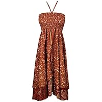 Boho Chic Designs Ladies Hi Low Sundress 2 Layer Upcycled Silk Sari Beach Resort Halter Dresses S