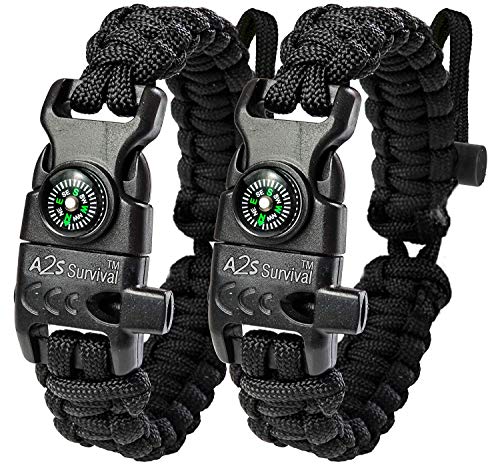 A2S Proteccion Paracord Pulsera K2-Peak - Juego de Equipo de Supervivencia con brújula integrada, Encendedor de Fuego, Cuchillo de Emergencia y Silbato (Negro/Negro tamaño Ajustable)