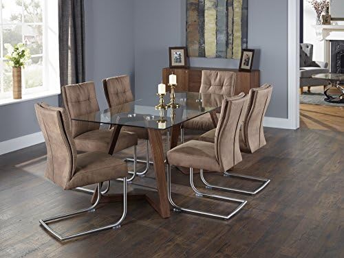 Seville 180 Clear Tempered Glass Fixed Table Walnut Legs &amp; 6 Cordoba Faux Leather Brown Chair with Brushed Stainless Steel - Ideal Dining Room Sets for Modern Dining Rooms &amp; Kitchens