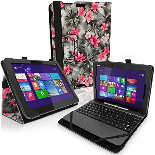 igadgitz 'Vintage Kollektion' Pink auf Schwarz Blumen PU Ledertasche Hülle Folie für Asus Transformer Pad TF103C 10.1 Zoll mit Multi-Winkel Betrachtungs + Stylus-Stift Elastischen Halter + Displayschutzfolie