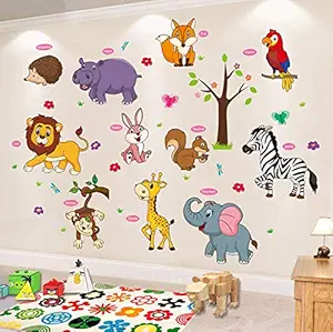 Animal Wall Sticker Children Cartoon Zoo DIY Art Decal Self-Adhesive Wallpaper Removable Mural Decorate for Living Room TV Sofa Background Baby Bedroom Kids Room Nursery
