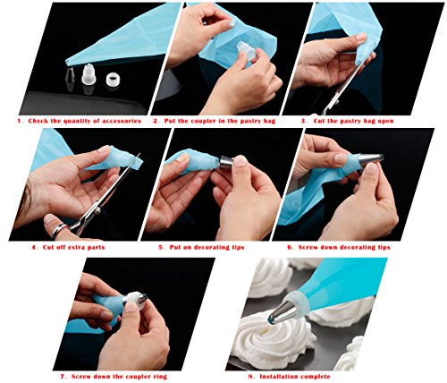 [45 Stück Set] Ipow 40 Edelstahl Spritztüllen Set + 3 wiederverwendbare silikon Spritzbeutel + 2 kunststoff Kupplungen, Tortendeko Zubehör für Biskuit, Keks, Schokolade, Cupcake, Kuchen etc. - 6