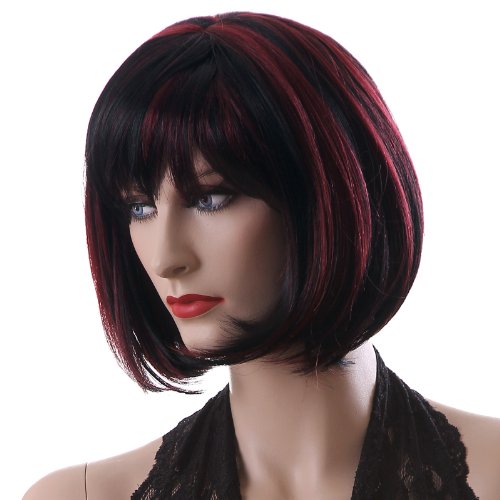 Songmics Neu Perücke Haar Wigs Weiblich Schwarz+rot Glatt Kurz WFY099 - 4