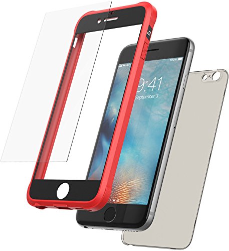 Mobilyos Funda iPhone 6s 360 Grados + Vidrio Templado, [Bumper Flexible Antigolpes ] [ Rojo y Negro ] Funda iPhone 6 Integral con Trasera Transparente Tintada