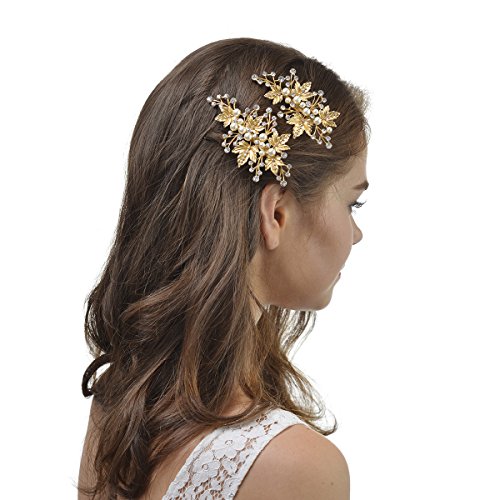 Remedios Light Gold Leaves Pearl Wedding Hair Clip Hair Accessory