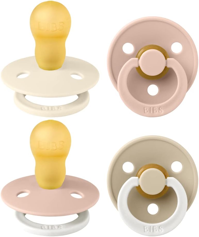 BIBS Dummies Colour 4-Pack, BPA Free Dummy Pacifier, Round Nipple Soothers, Natural Rubber Latex, Made in Denmark. 18+ Months (Pack of 4), Blush Glow Mix