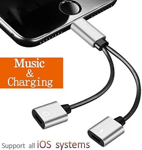 Lightning Jack Headphones Splitter Adapter Dongle for iPhone7/7Plus iPhone 10/X/8/8Plus 2 in 1 Dual Lightning Cable with Charging &amp; Aux Audio Earphones Multifunctional Adaptor Support Music+Charge+Volume Control Phone Communication Call Compatible for iOS 11.2 or Later(Silver-Black)