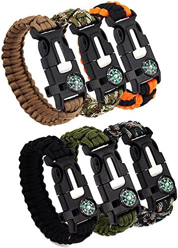 Outdoor Survival Escape Paracords Bracelet Compass Whistle Emergency Kits - 6Pack