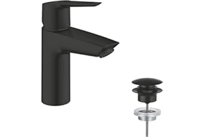 GROHE Start, Waschtischarmatur wassersparend (Wasserhahn für das Bad, Badarmatur mit Pop-Up Ablauf, 17cm hoch, mit 3in1 Werkzeug, einfache Installation am Waschbecken), schwarz, 235502432
