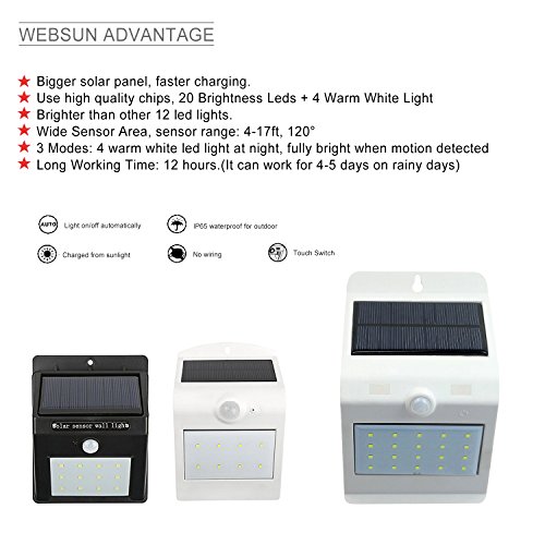 Websun Solar Lights LED Wall Solar-Sicherheits-Licht aktiviert ON / OFF mit Touch Switch Wasserdicht Sicherheits-Bewegungs-Sensor Outdoor Beleuchtung mit 20+4 LED-Licht für Garten, Patio, Exterior Garage (1pcs, weiß) - 6