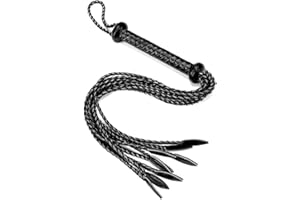 Tryolove Genuine Leather 9-Tail Whip Collection - Hand-Braided Equestrian & Role Play Whips in Multiple Styles (Red/Black, All Black, Black/Gold) (Black 78CM)
