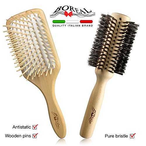 Set spazzole anti crespo in legno naturale: spazzola pneumatica gigante con picchi in legno e rullo in pura setola di cinghiale. Spazzola antistatica