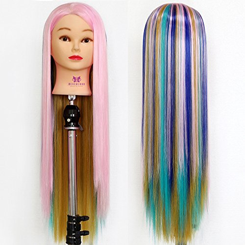 Neverland Beauty 26" Cosmetology Mannequin Head 100% Synthetic Hair Rainbow Color, Practice Training Hair Styling Mannequin Head with Table Clamp Holder UK Stock