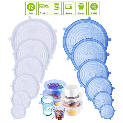Tapa elástica de silicona, 12 Paquetes de Varios TamañOs de Fundas para Tazones de Silicona, Reutilizable Fundas Protectoras para Alimentos Tapa Tazas, Boles o Tarros,Sin BPA, Lavavajillas