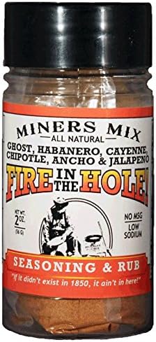 Fire in the Hole Seasoning and Rub with Genuine Ghost or Bhut Jolokia Peppers, Habanero, Jalapeno, Chipotle, Ancho, and Cayenne Plus a Boatload of Other Spices. 2017 Hot Pepper Award Winner