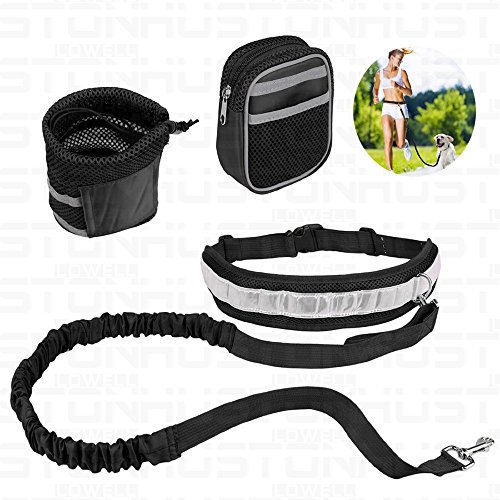 Aution House - Manos Libres Reflectante Elástico Juego de Correa de Tracción con Bolsa de Perro - Juego de Cintura Correa (Bolsa con Cierre , Bolsa por Botella) - Perfecto para Correr , Caminar , Pasear , Ir de Excursión , Camping , Picnic etc (Negro)