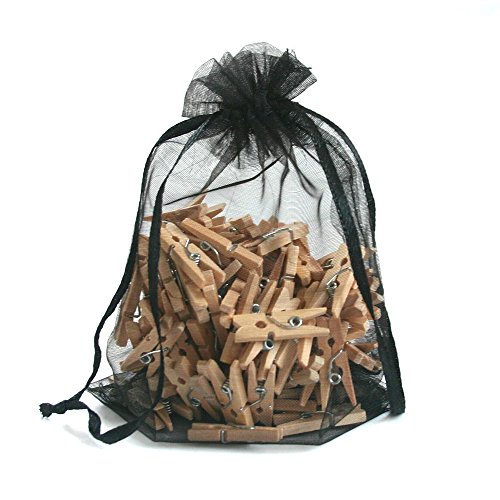 WEE 100 x Mini Wäscheklammer aus Holz in Geschenkbeutel, Bastelmaterial, Dekowäscheklammern, Geschenkanhänger, Fotohalter