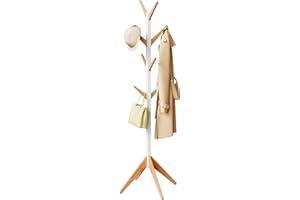 WOLTU Appendiabiti da Terra con 8 Ganci, Appendiabiti in Legno Massello a Forma di Albero, Mensola Sospesa, Attaccapanni, Gruccia, Altezza 180 cm, Bianco + Naturale